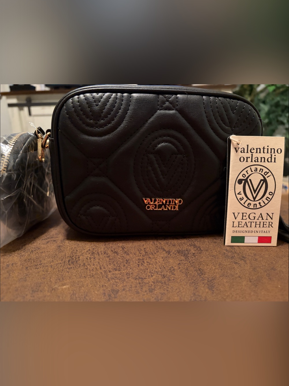 Valentino Orlandi Black Quilted Mini Crossbody with Gold Logo Plaque